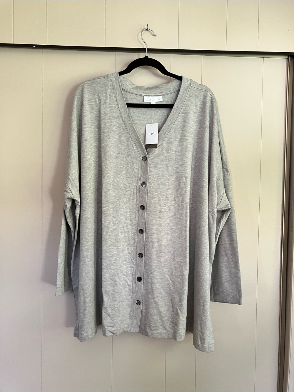 J. Jill Tranquility Fleece Light Gray V-Neck Button Oversized Cardigan MSRP $89